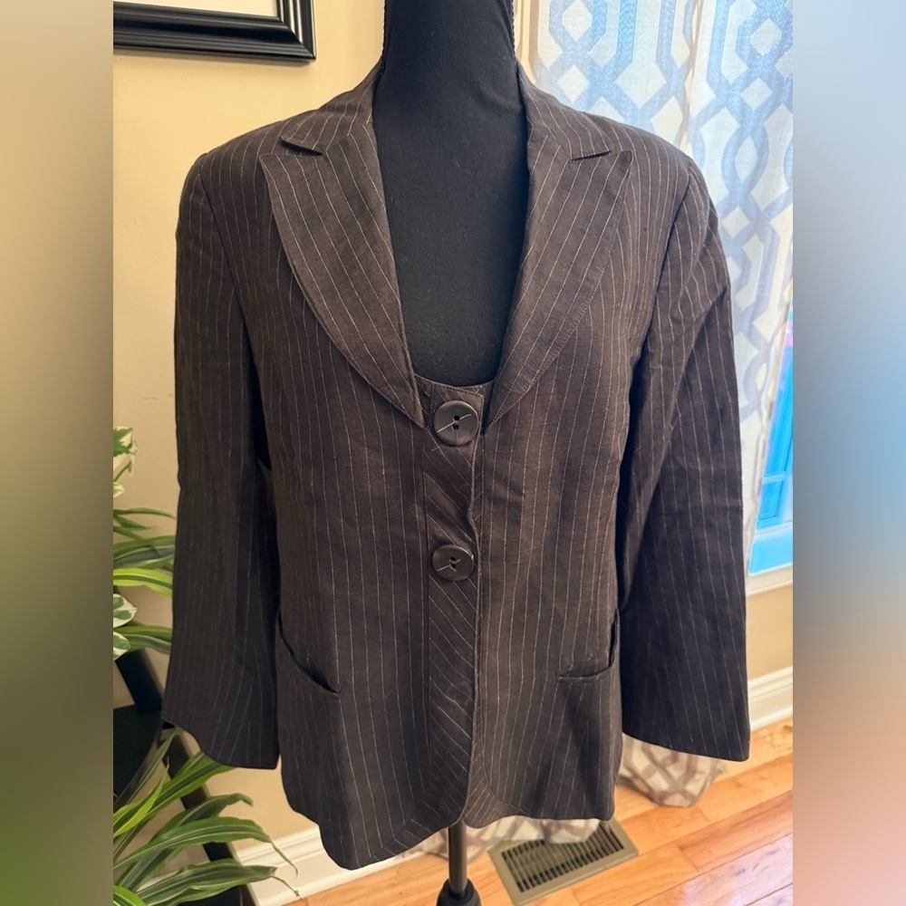 Lafayette 148 Blazer Brown Pinstripe 100% Linen 2 Button Career Jacket Women 10